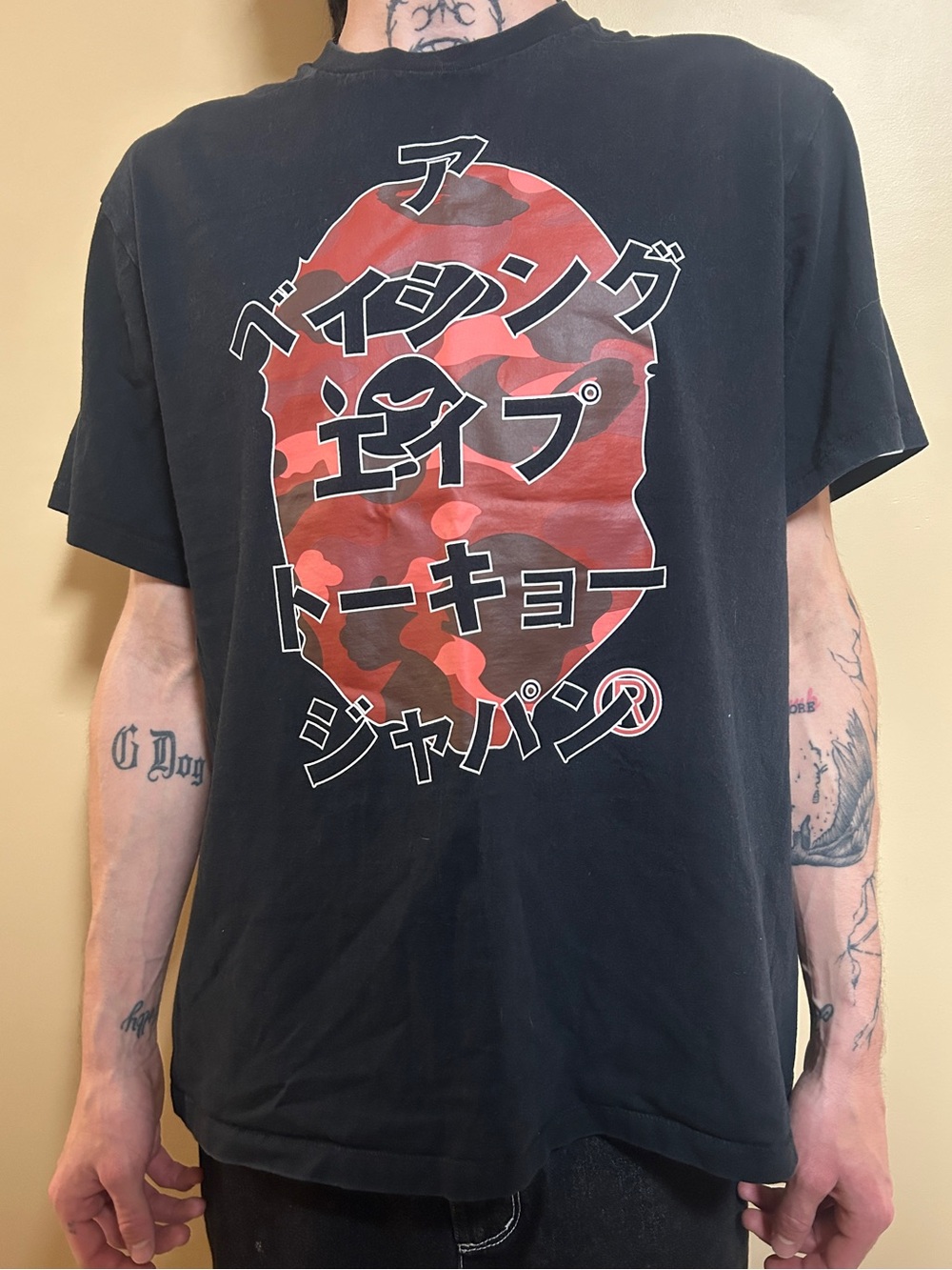 Bape Black Tee with Red Camo Ape Head and Japanese Script